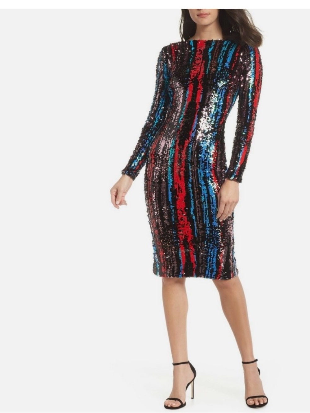Dress the Population Multicolor Sequin Stripe Long-Sleeve Midi Dress